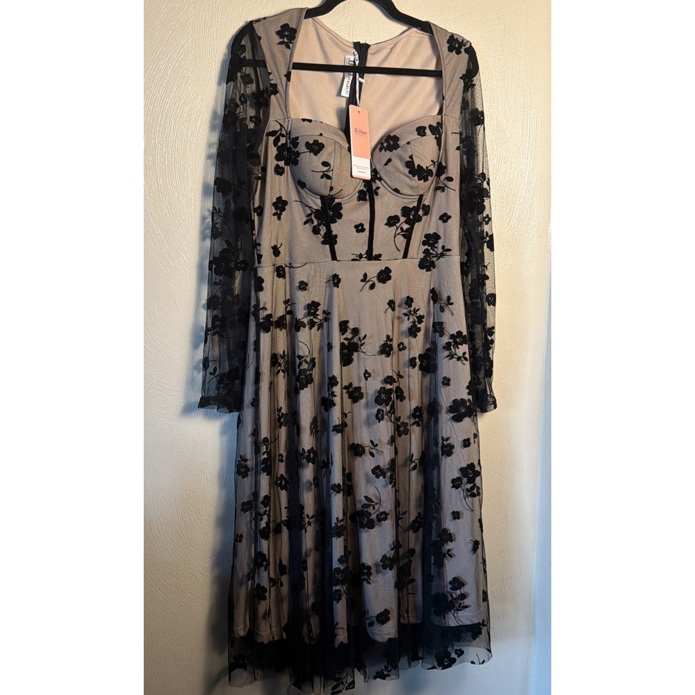 JJ's House Dress Floral Mesh Embroidery XL Apricot Black Prom Cocktail Formal